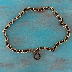 Michael Kors Gold-Tone Chain Link Belt With Brown Fabric Weave And Logo Charm